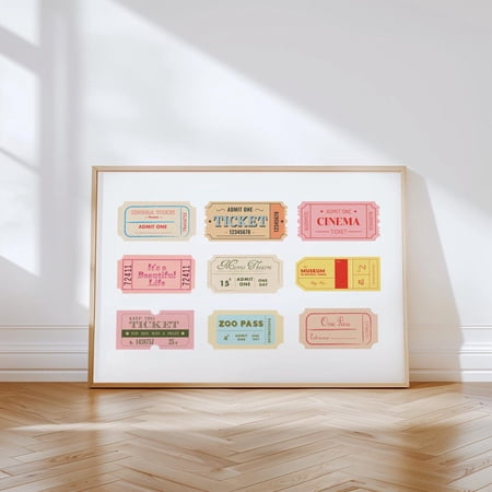 Vintage Ticket Print Retro Admit One Collage Horizontal Theater Decor, Unframed Paper Poster 8x10in