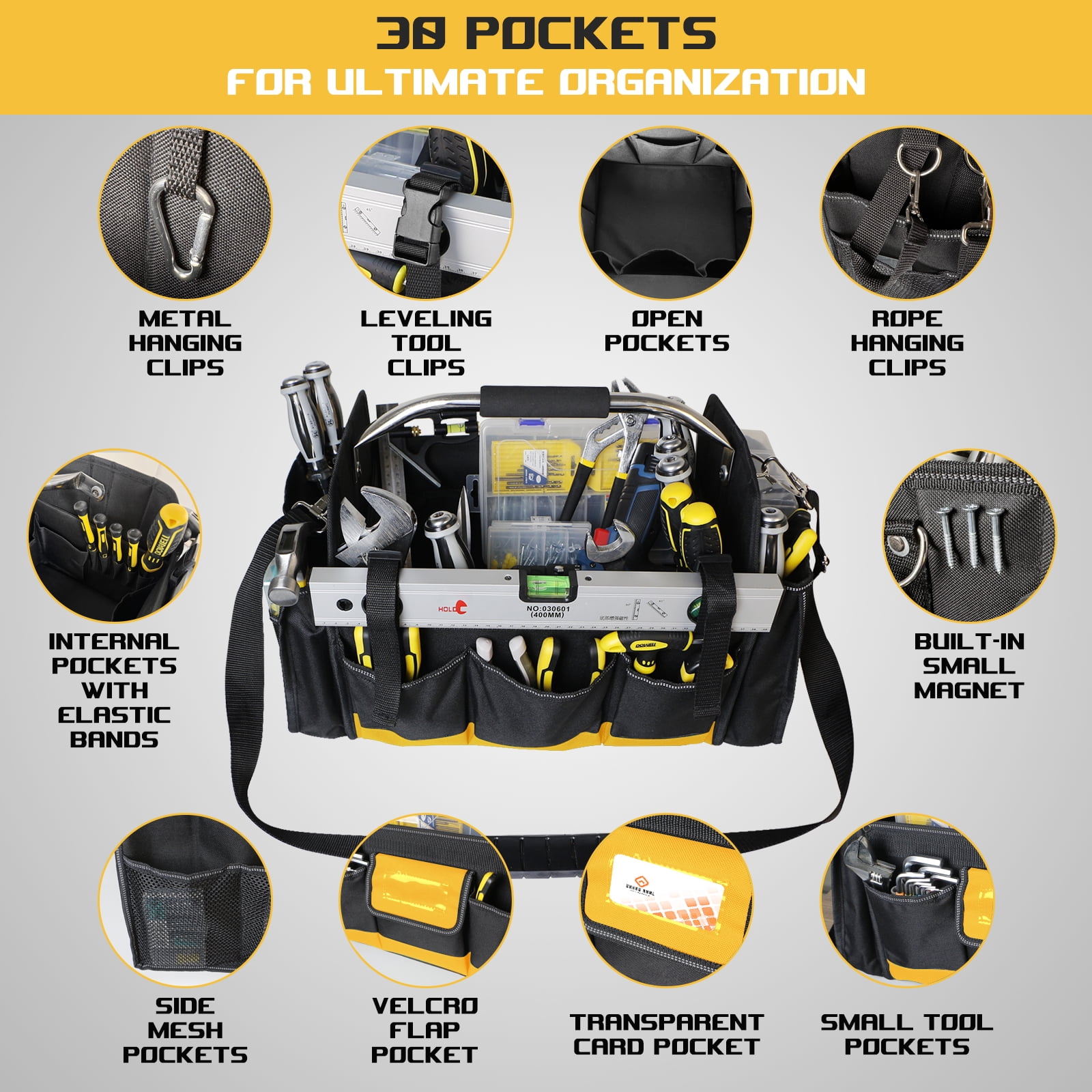 18" Heavy Duty Tool Bag, Open Top Tool Tote for Electricians, 30 Pockets, 1680D Oxford Fabric, Foldable with Rotating Handle, Reflective Tool Bag, Yellow