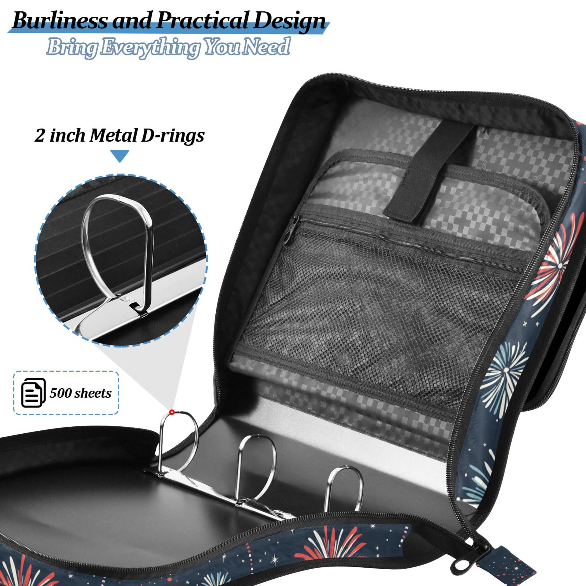 FORMRS Zipper Binder with Shoulder Strap 2-inch Ring 500 Sheet Capacity File Bag, Starry Fireworks Pattern