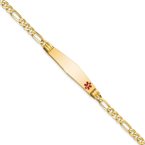 14K Yellow Gold Medical Soft Diamond Shape Red Enamel Figaro Id Bracelet (7 X 9) Made In United States xm565fc-7