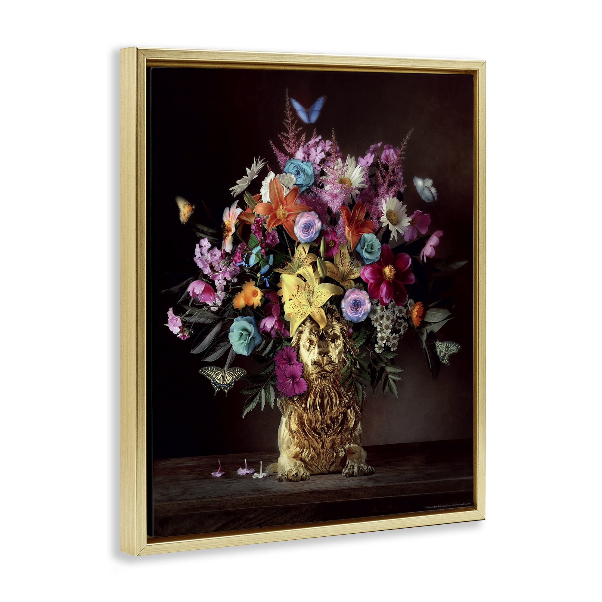Stupell Industries Bouquet in Dog Vase Plants & Flowers Painting Gold Floater Framed Canvas Art Print Wall Art, 17 x 21