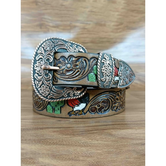 Multicolor Deep Floral Pattern Tooled Western Belt