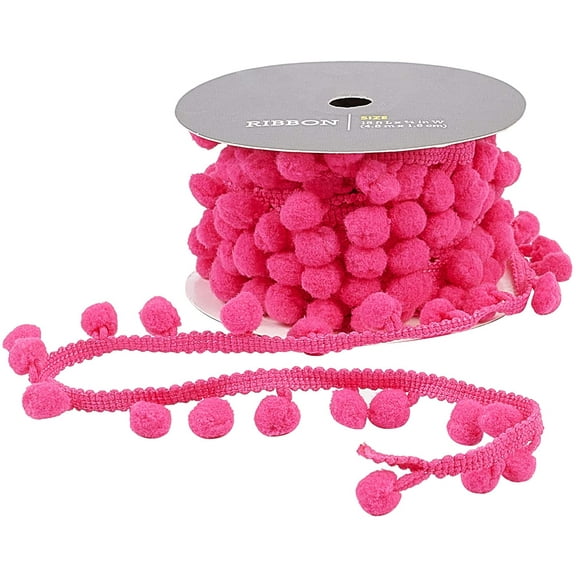 Polyester Ribbons with Pom Pom Balls Garment Accessory Fuchsia 3/4~1 inch(20~25mm) about 5.47~6.56 Yards(5~6m)/Roll