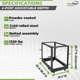 thumbnail image 4 of NavePoint 12U 4 Post Server Rack – Open Frame Rack for 19 Inch Equipment, Adjustable Depth 4-Post Network Rack with Casters Wheels, 12U Server Rack 1320lbs Capacity, Black, 4 of 5