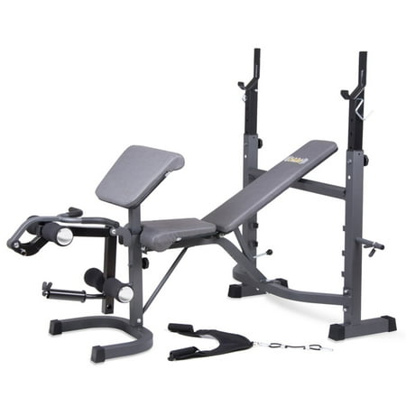 Body Champ® Olympic Weight Bench with Preacher Arm Curl, Leg Extension / Curl and Crunch Handle Attachments (Best Leg Extension Machine)