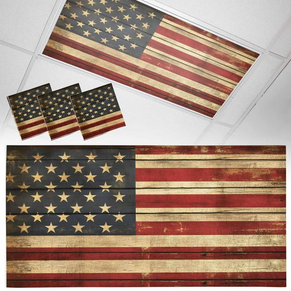 3 Pack Magnetic Fluorescent Light Covers, 2x4 Ft,Vintage American Flag Star Striped Mottled Wood Grain Magnetic Light Covers for Ceiling Lights Classroom Office Home Decor