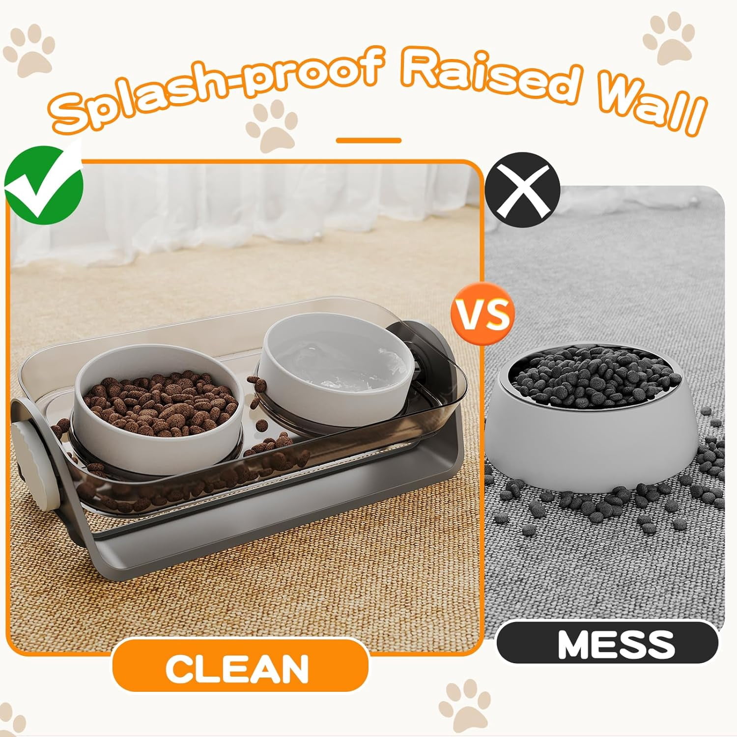 Elevated Cat Bowl, Raised Ceramic Dish, 100% Waterproof Cat and Dog Bowls, 15° Tilted Raised Stand Slip Resistant Raised Edges, Catch Water, Food Mess, No Spills
