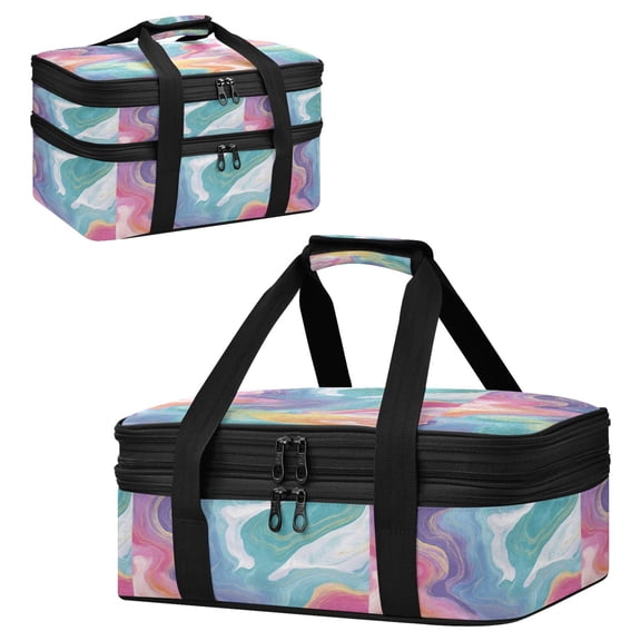 Large Double Decker Insulated Casserole Carrier Expandable 2-Layer Thermal Food Tote Bag Rainbow-colored Twists Hot Cold Pizza Lasagna Holder for Potluck Picnic Party Camping