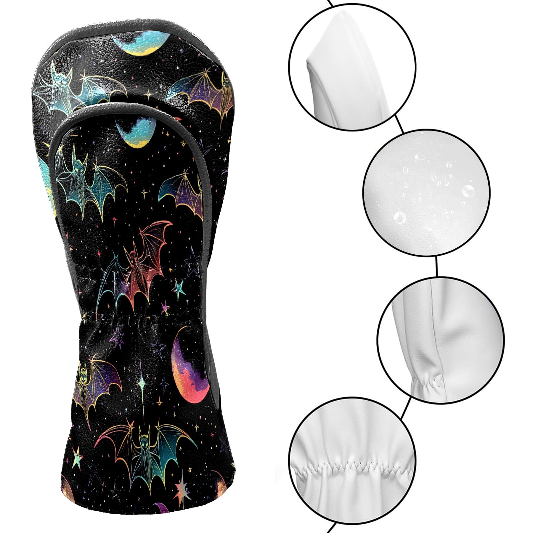 Golf Club Head Covers - Galaxy Purple Bats Design, Premium PU Leather Driver Hybrid Headcovers with Velvet Lining, Waterproof Golf Gifts for Men Women