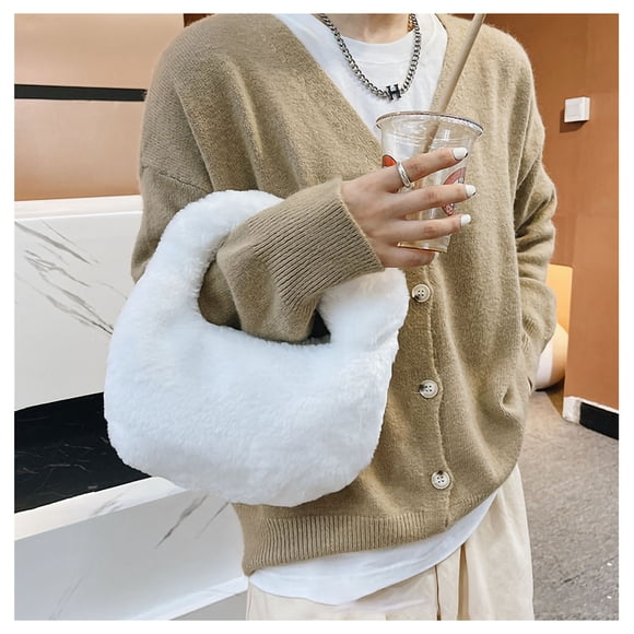 Plush Handbag Cute Stylish Zipper Closure Soft Small Women Tote Bag for Daily PartyWhite