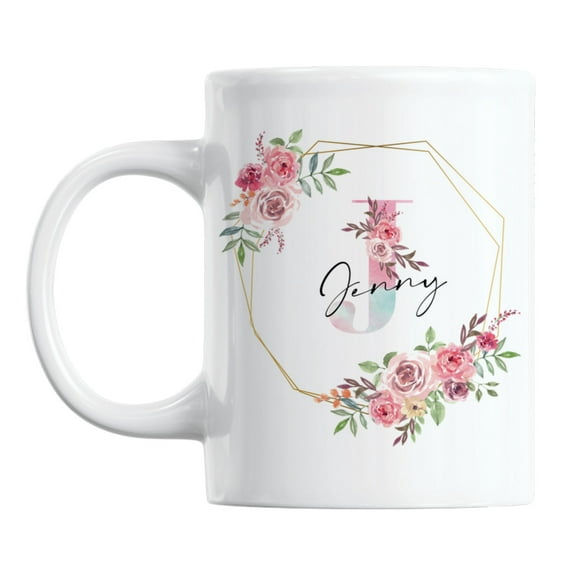 Floral Personalized Name & Initial White Ceramic Coffee & Tea Mug for Her (11oz)