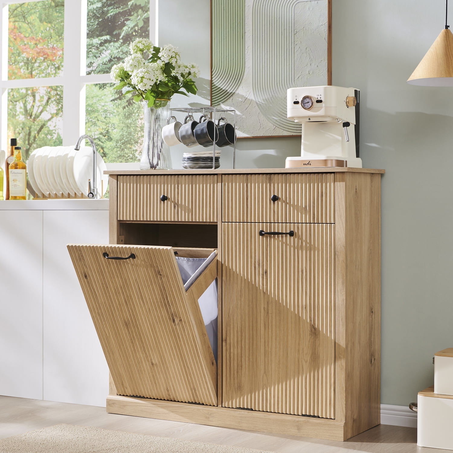 20 Gallon Tilt-Out Trash Can Cabinet, Modern Laundry Hamper Cabinet with Drawers, Hidden Garbage Can Cabinet for Kitchen and Living Room