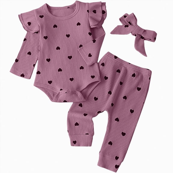 NOLDARES Infant Newborn Baby Girl Clothes Baby Girl Outfits Long Sleeve Snap Romper Pant Sets with Headband(Purple,12-18 M)