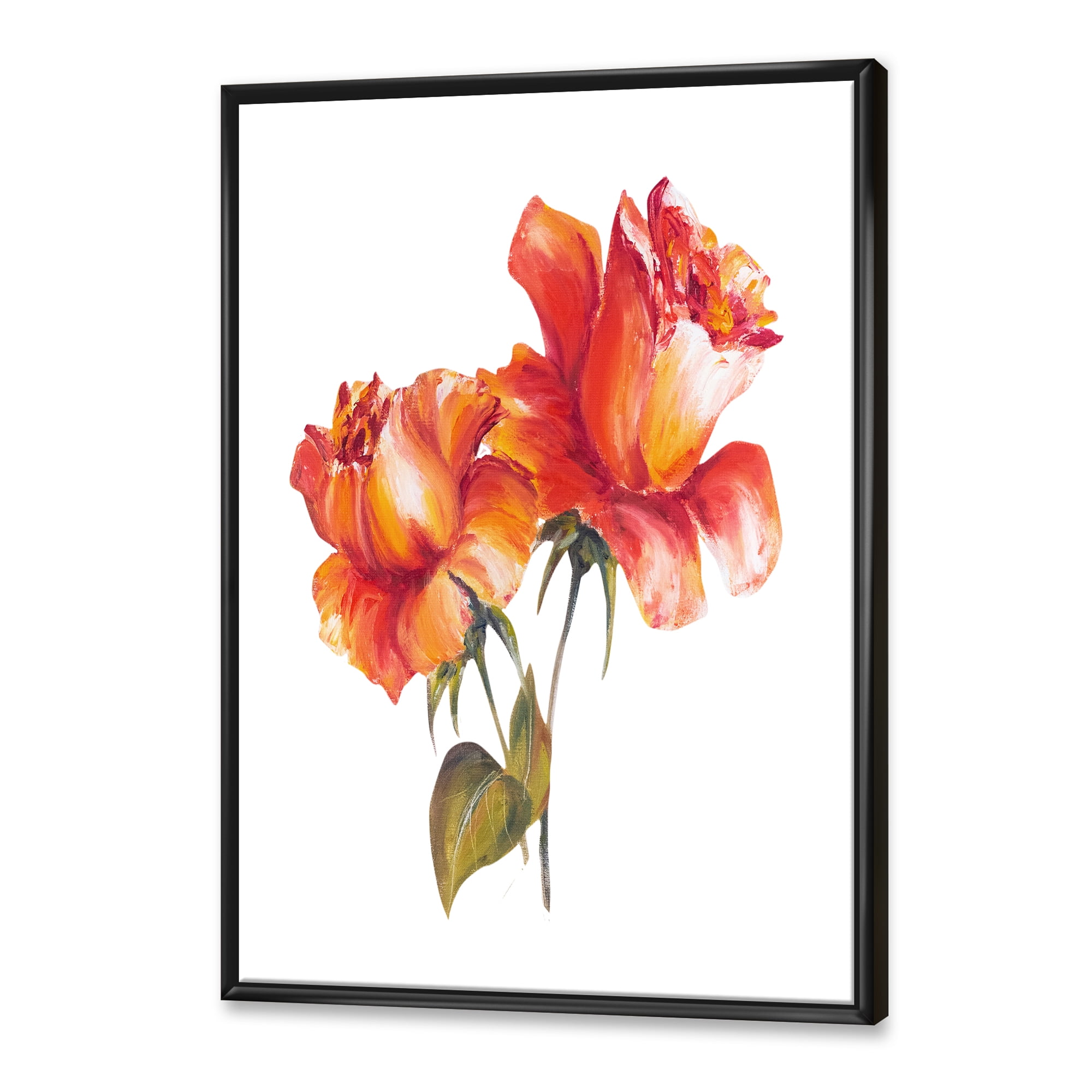 Designart 'Two Blossoming Red Roses On White' Traditional Framed Canvas Wall Art Print