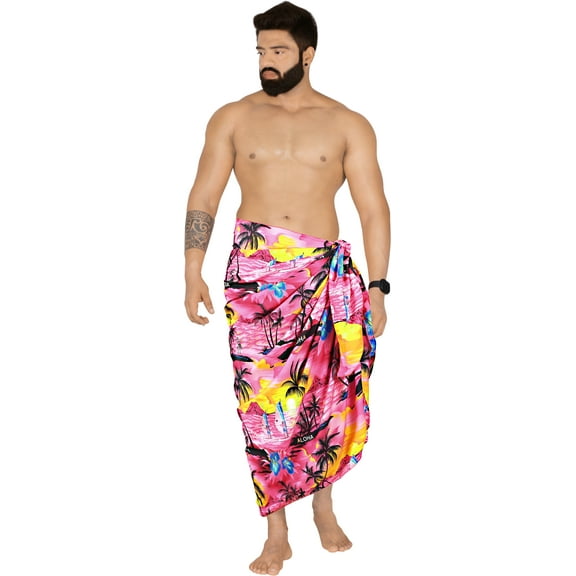 HAPPY BAY Men's Pareo Swim Trunk Vacation Sarong Beach Wrap One Size Pink, Palm Tree Summer Vacation Party