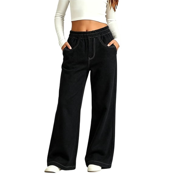 LUGOGNE Girls Wide Leg Denim Pants Elastic Waist Kids Uniform Pants Contrast Stitching Relaxed Fit Casual Everyday Jeans with Pockets