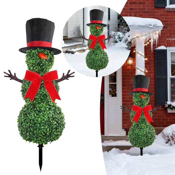 CY5O5ee Christmas Snowman Topiary Trees 31.5'' Boxwood Topiaries with Red Bow Tie Santa Hat 3D Yard Signs with Stakes for Christmas Indoor Outdoor Home Garden Porch Decor