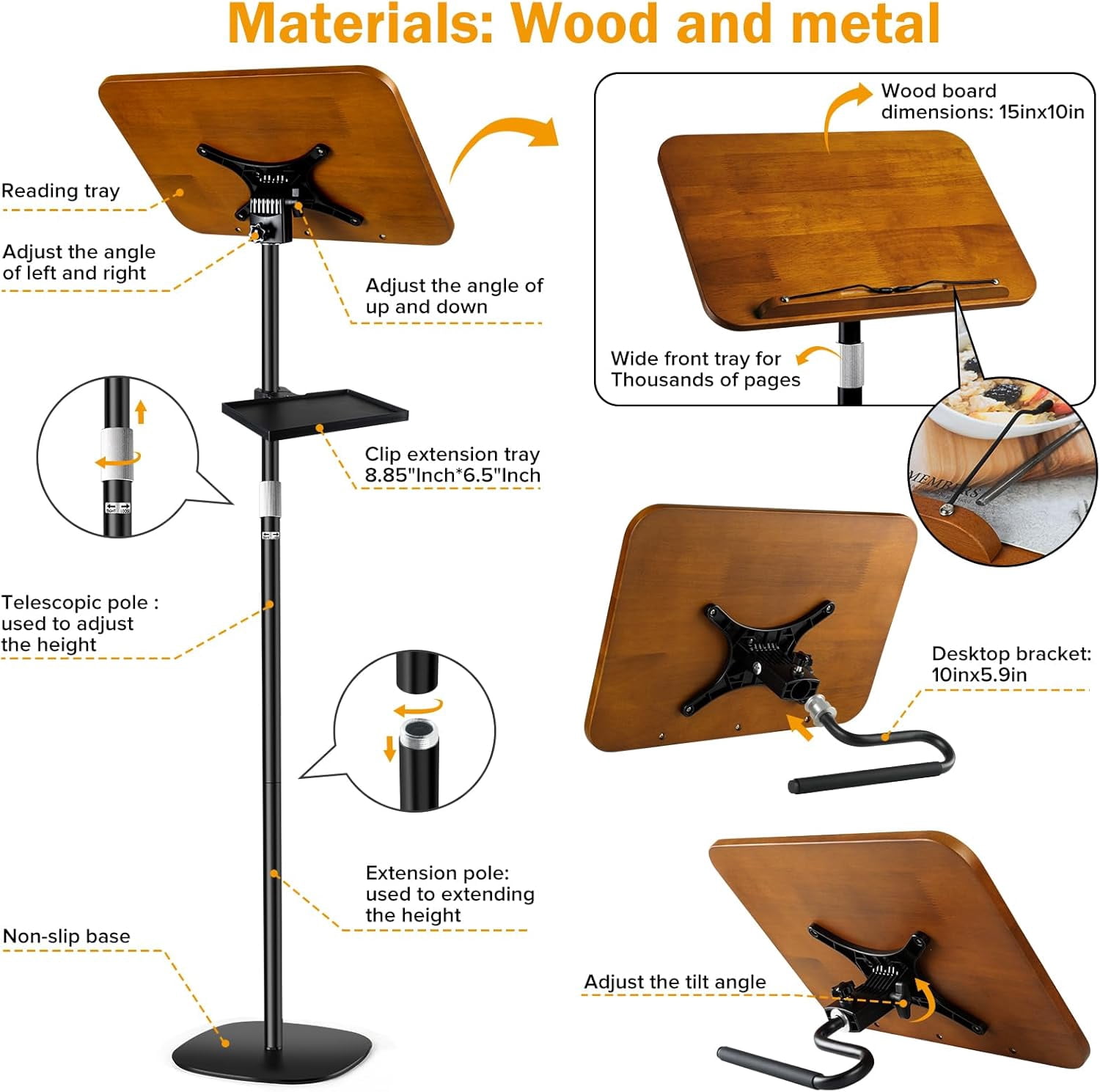 2-in-1 Dual-use Floor & Desktop Book Stand, Heavy Duty Wooden Music Stand with Adjustable Height from 16.5" to 51", Book Holder with Elastic Page Clips & Tray for Cookbook,Magazine,Laptop, Projector