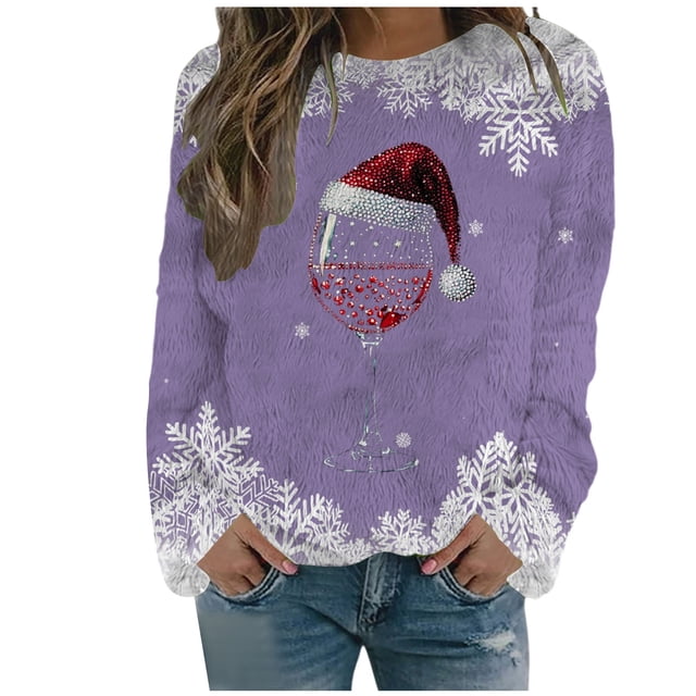 WEAIXIMIUNG Chandail en Molleton de Noël Décontracté à Col Rond pour Femmes, Manches Longues, Imprimé Velours Double Face