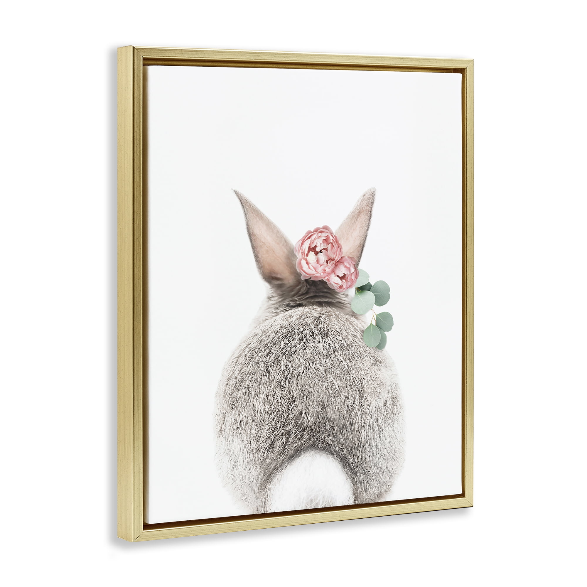 Stupell Industries Floral Bunny Tail Side Animals Painting Gold Floater Framed Canvas Art Print Wall Art, 25 x 31
