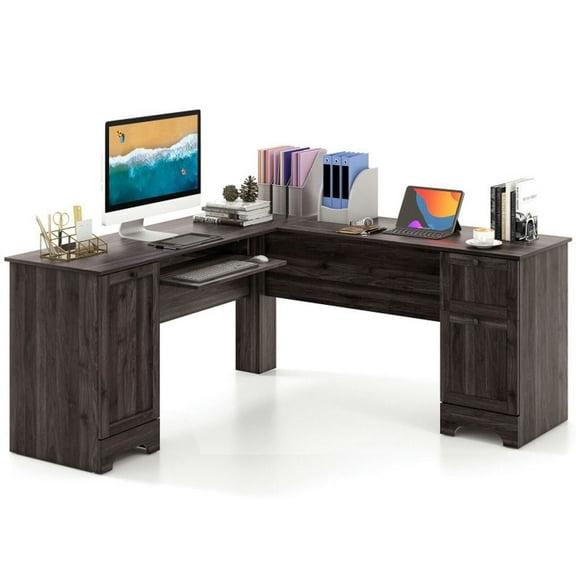 Demi Bonn L-Shaped Office Desk with Storage Drawers and Keyboard Tray, Small Home Computer Desk Study Writing Table, Dark Brown