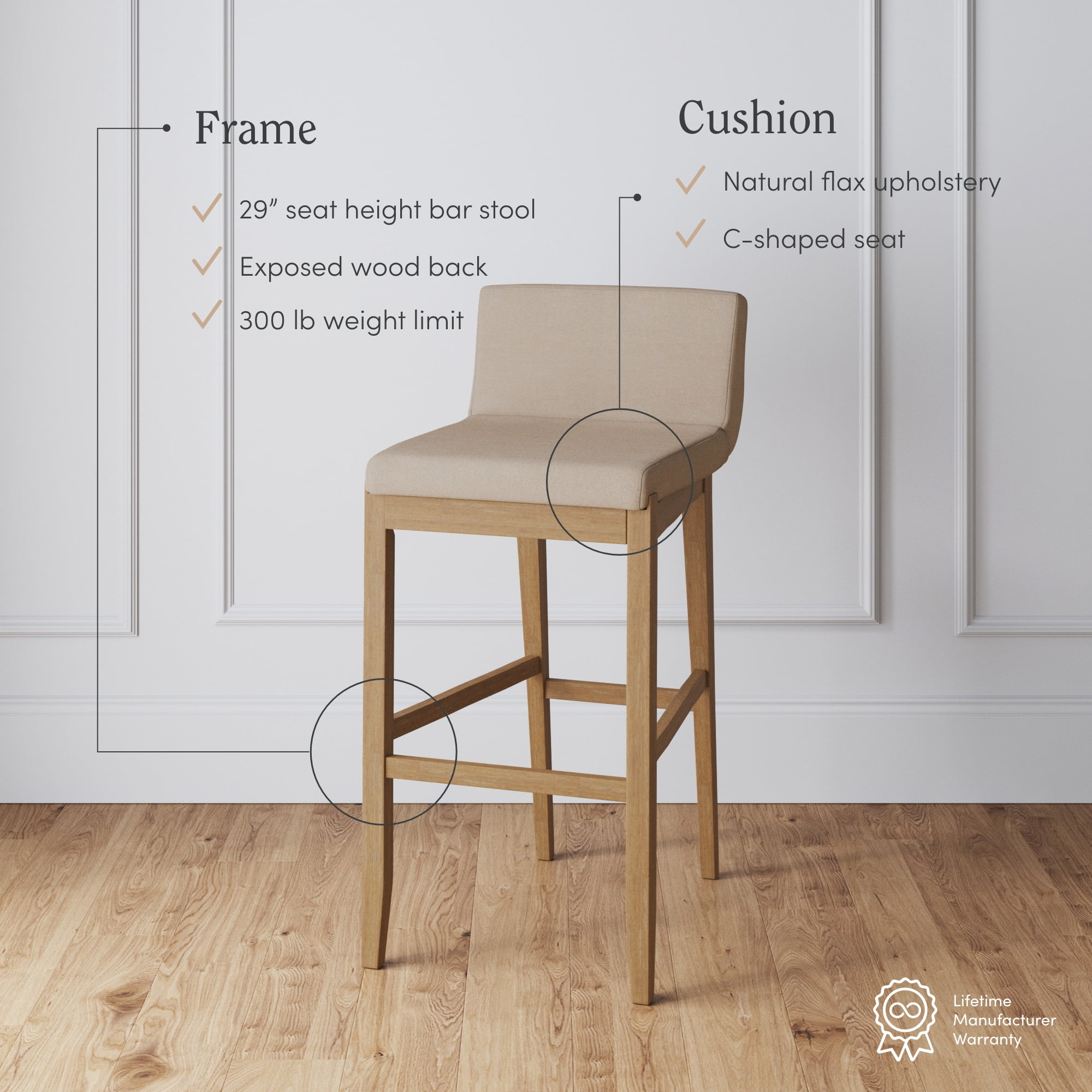 Nathan James Gracie Modern Bar Stool with Back, Cushioned Bar Height Stool with Natural Flax Upholstery and Brushed Wooden Legs, Natural Flax/Brown