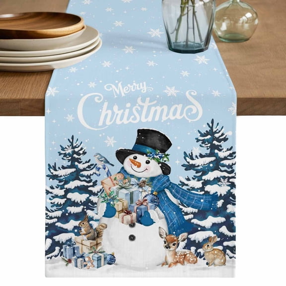 Light Blue Christmas Snowman Table Runner 60 Inches, Xmas Tree Elk Gifts Snowflake Bed Runner Dresser Scarves Tabletop for Indoor Outdoor Parties/Ceremony/Banquet, 13" x 60"