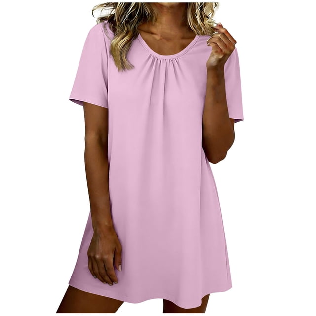 Mini Vestido de Manga Larga para las Mujeres Color Sólido Cuello Tripulación Camisa de Noche de Manga Corta, Vestido Corto de Manga Larga para las Mujeres Ropa de Dormir de Verano Casual