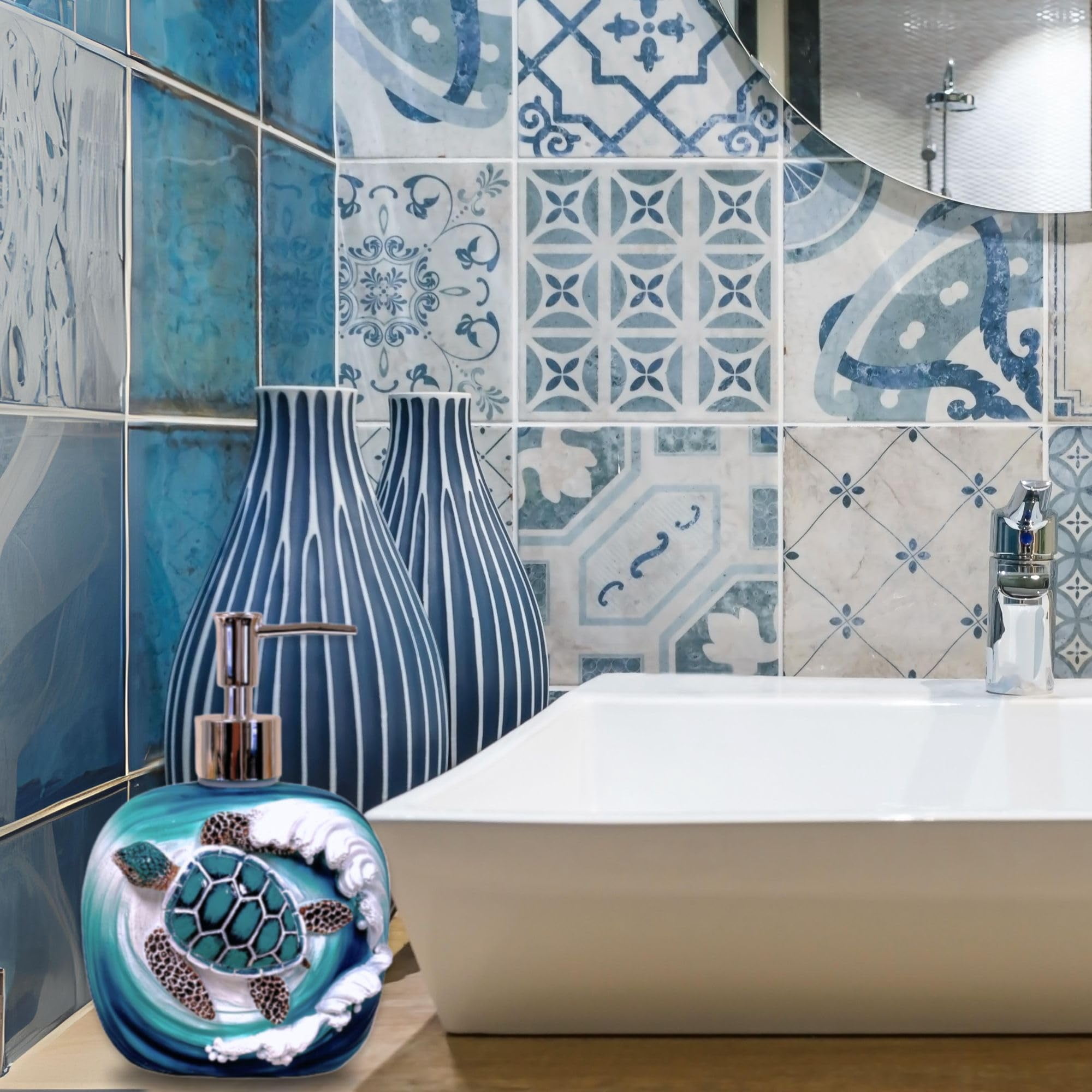 Sea Turtle Wave Decorative Soap Pump Dispenser - Nautical and Ocean - Inspired Refillable Liquid Soap and Lotion Bottle Storage - Ideal for Sea and Marine Life Lovers