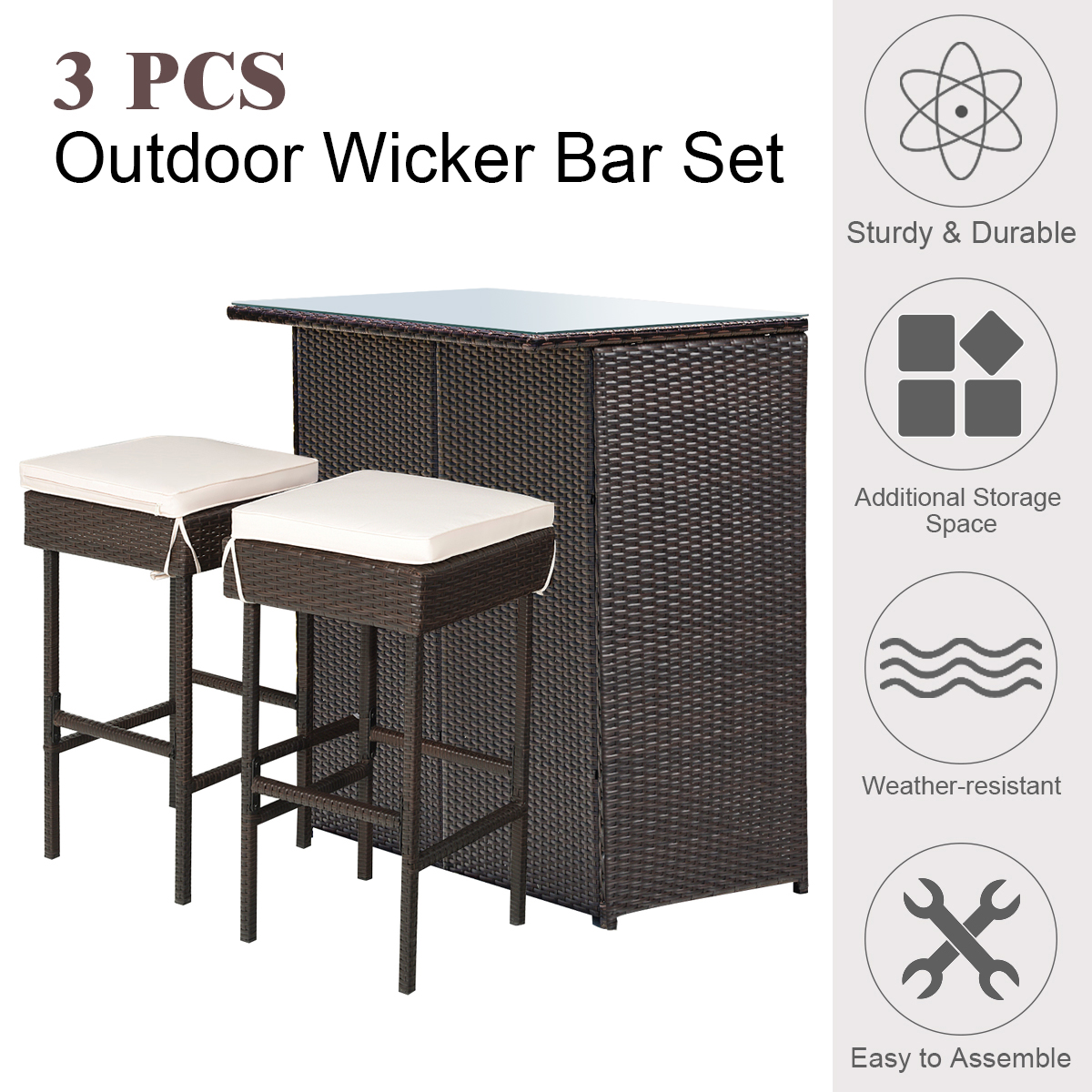 Costway 3PCS Patio Rattan Wicker Bar Table Stools Dining Set Cushioned Chairs Garden - image 5 of 10