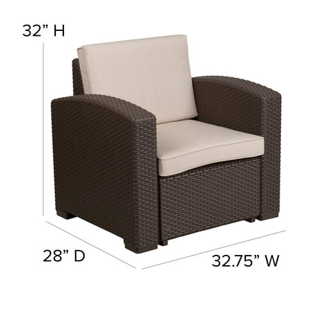 Flash Furniture Chocolate Brown Faux Rattan Chair with All-Weather Beige Cushion