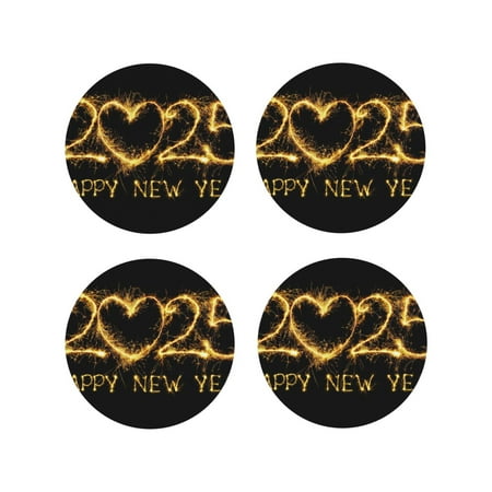 

KLL Drink Coasters Set Round Shape of 4 PU Leather Absorbent Coasters Set Decorative Coffee Cup Coasters Housewarming Gift for Home Decor-Happy New Year 2025 D