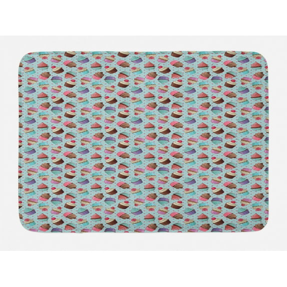 Dessert Bath Mat, Repeating Pattern of Yummy Cupcakes with Rose and Cherry Toppers on Hearts Backdrop, Plush Bathroom Decor Mat with Non Slip Backing, 29.5" X 17.5", Multicolor, by Ambesonne