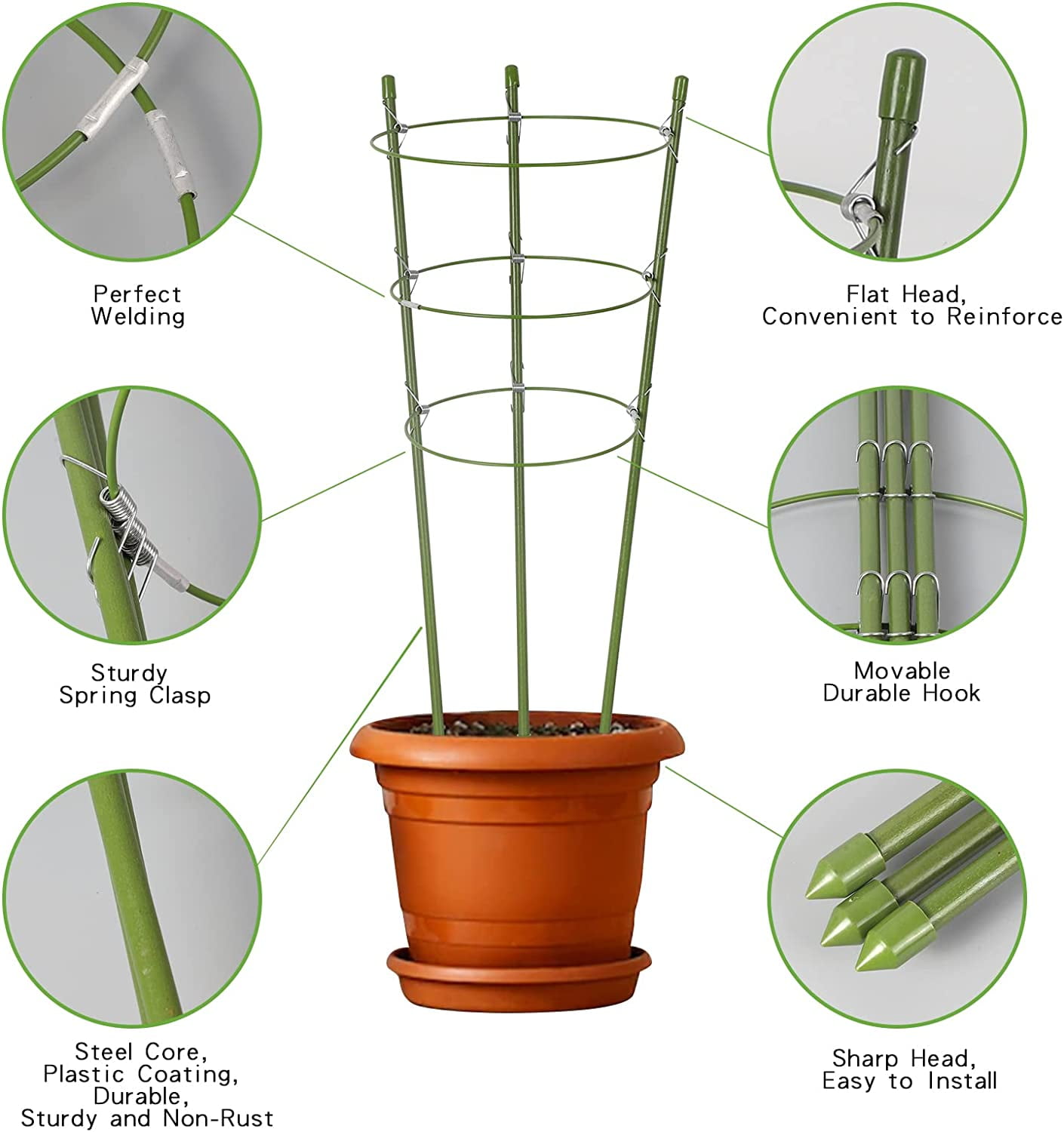 6 Pack Plant Support Cages 18 Inches Small Tomato Cages and Supports with Adjustable Rings for Garden Pots, Climbing Plants, Bonus 98 Feet Twist Ties