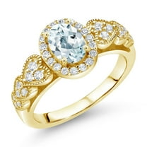 Gem Stone King 1.18 Cttw Oval Sky Blue Aquamarine 18K Yellow Gold Plated Silver Engagement Ring for Women | Gemstone Birthstone | Oval 7X5MM | Available in Size 5, 6, 7, 8, 9