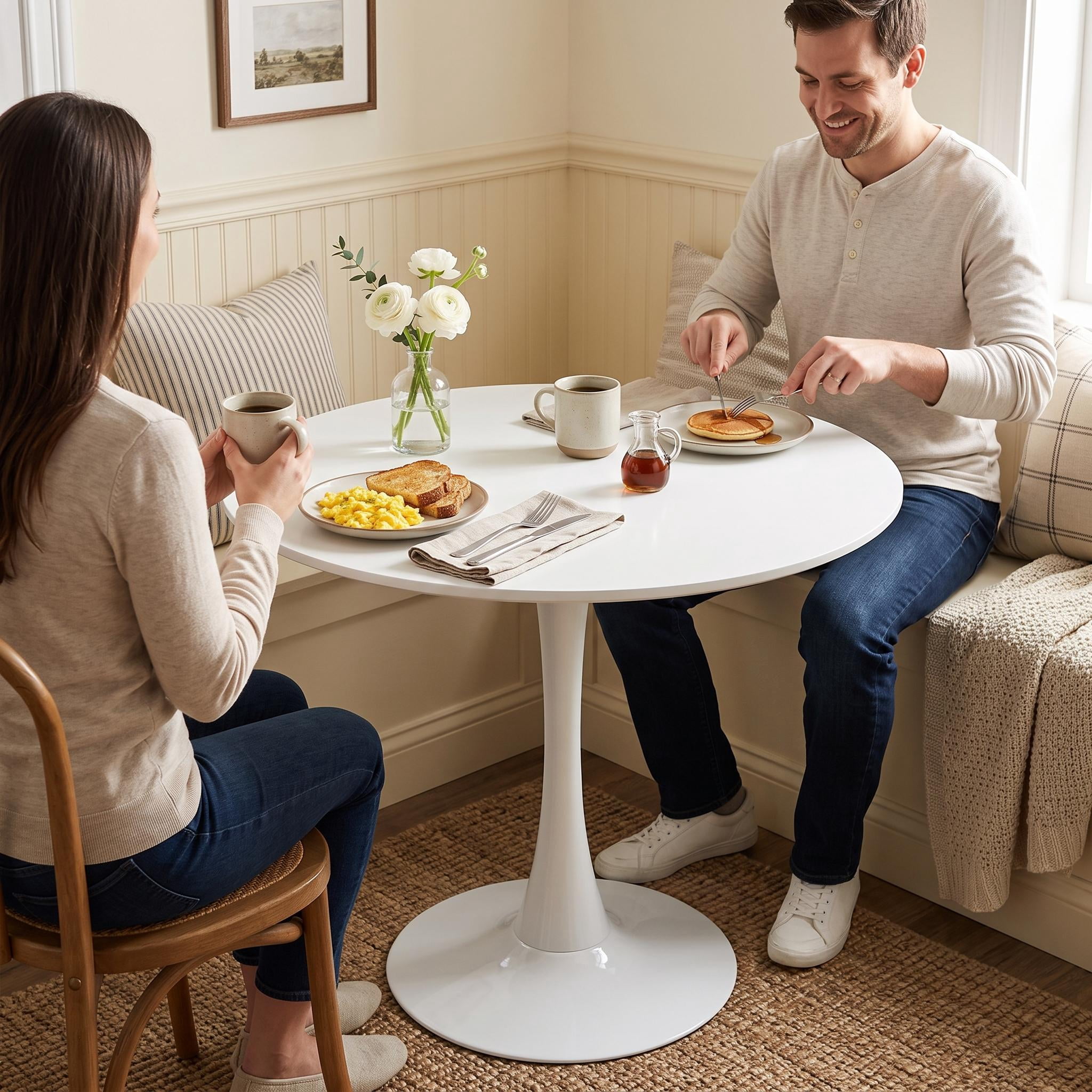 Homy Casa 31.5" Modern Round Dining Table for 2, Pedestal Kitchen Table for Small Spaces, White