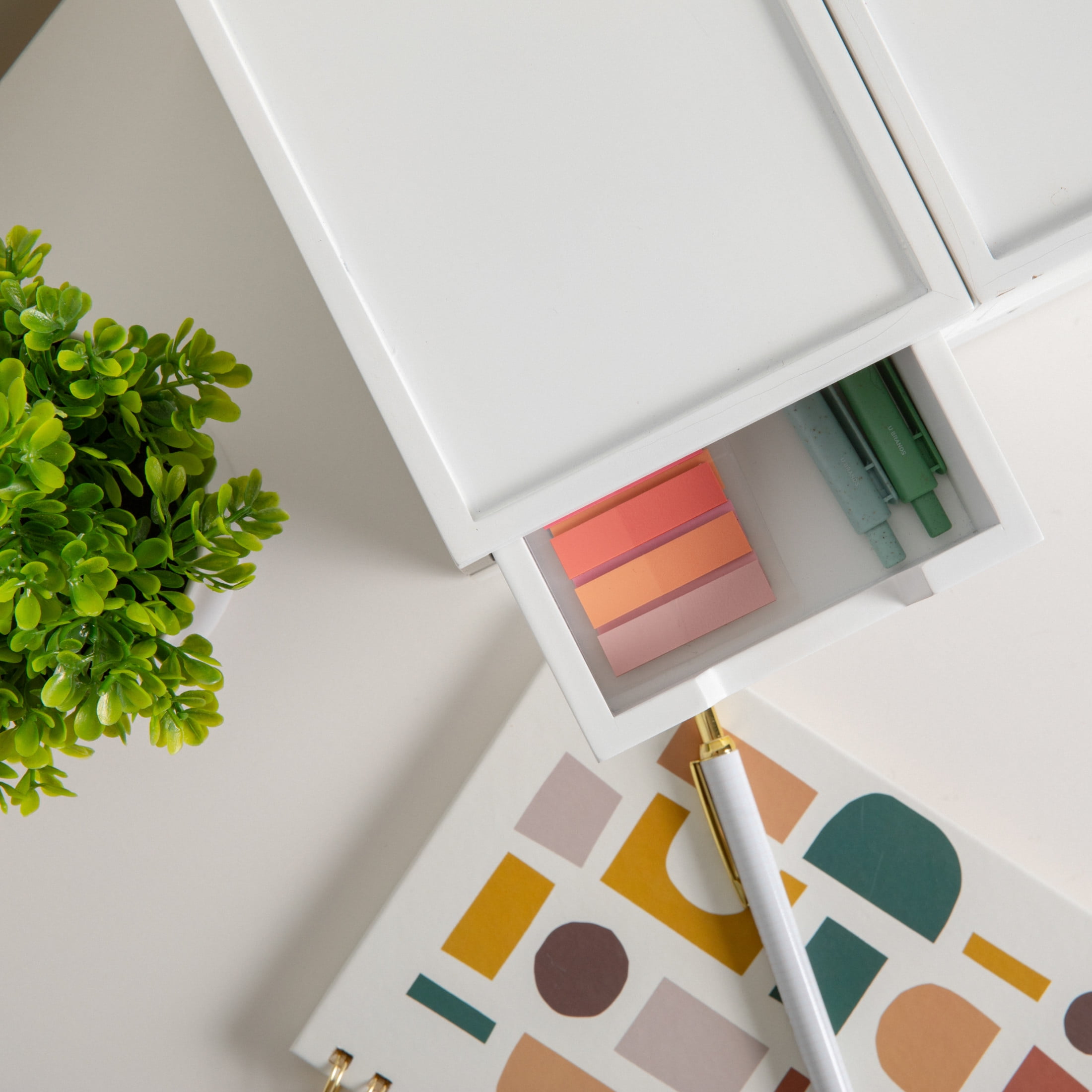 Martha Stewart Weston Stackable White Engineered Wood Boxes with Drawers, Office Desktop Organizers, Set of 3