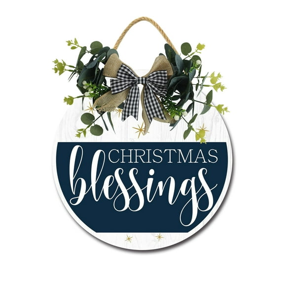Christmas Blessings Sign Front for Door Decoration, 11" Round Wood Wreaths Wall Hanging Outdoor, Farmhouse, Porch, for Spring Summer Fall All Seasons Holiday Christmas
