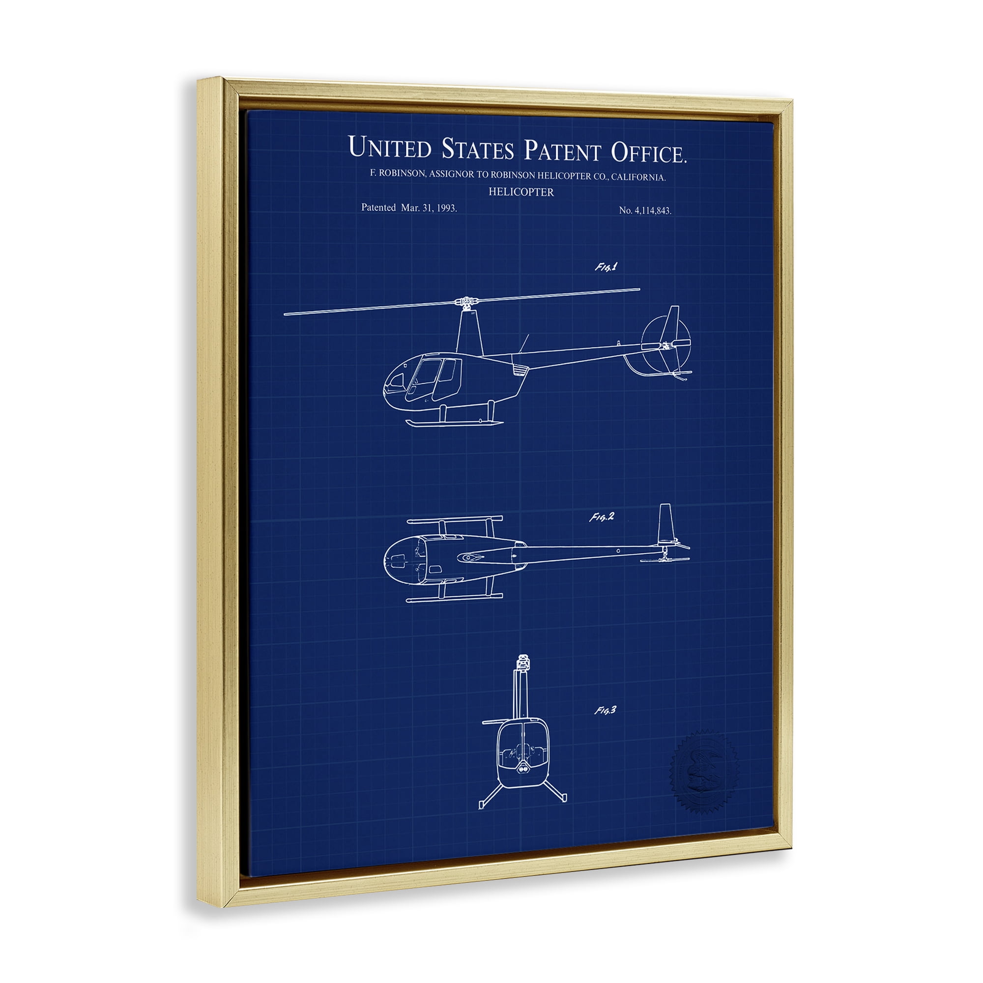 Stupell Industries Detailed Helicopter Blueprint Transportation Painting Gold Floater Framed Art Print Wall Art, 17 x 21