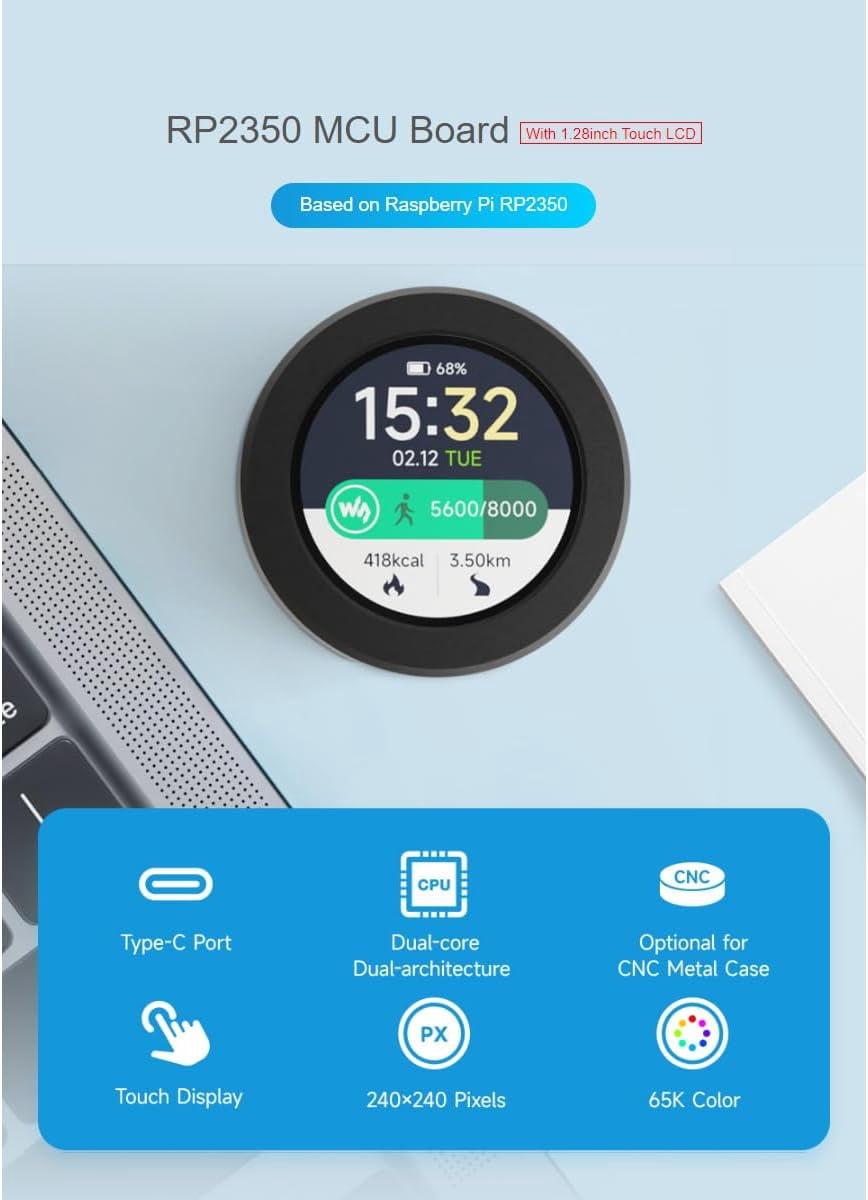 RP2350 MCU Board with 1.28inch Round Touch LCD 240×240 Pixels 65K Color IPS Display,Dual-core & Dual-Architecture Design,6-axis Sensor