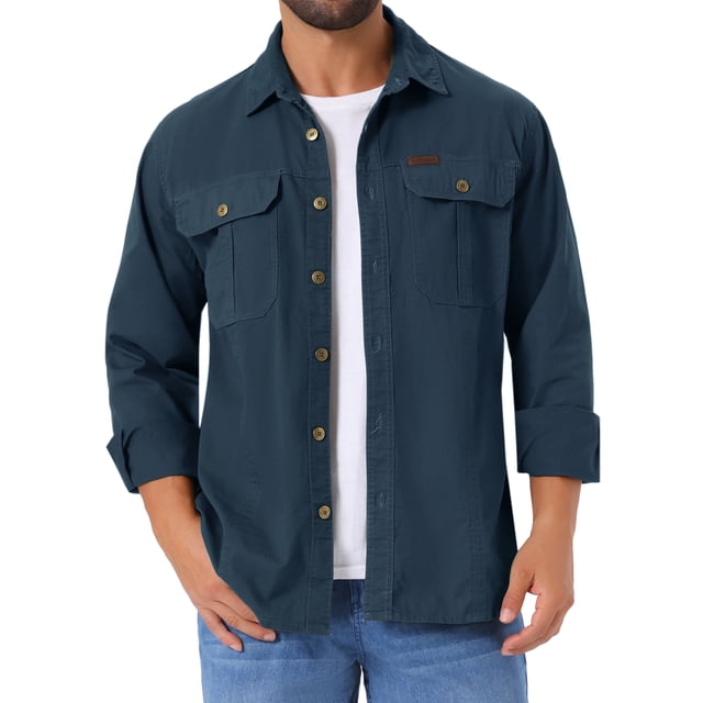 INSPIRAR CHIC Camisas de Trabajo Casual para Hombre de Manga Larga con Botones y Bolsillos para Pesca y Senderismo M Azul Oscuro