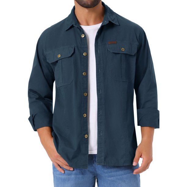 INSPIRAR CHIC Camisas de Trabajo Casual para Hombre de Manga Larga con Botones y Bolsillos para Pesca y Senderismo M Azul Oscuro