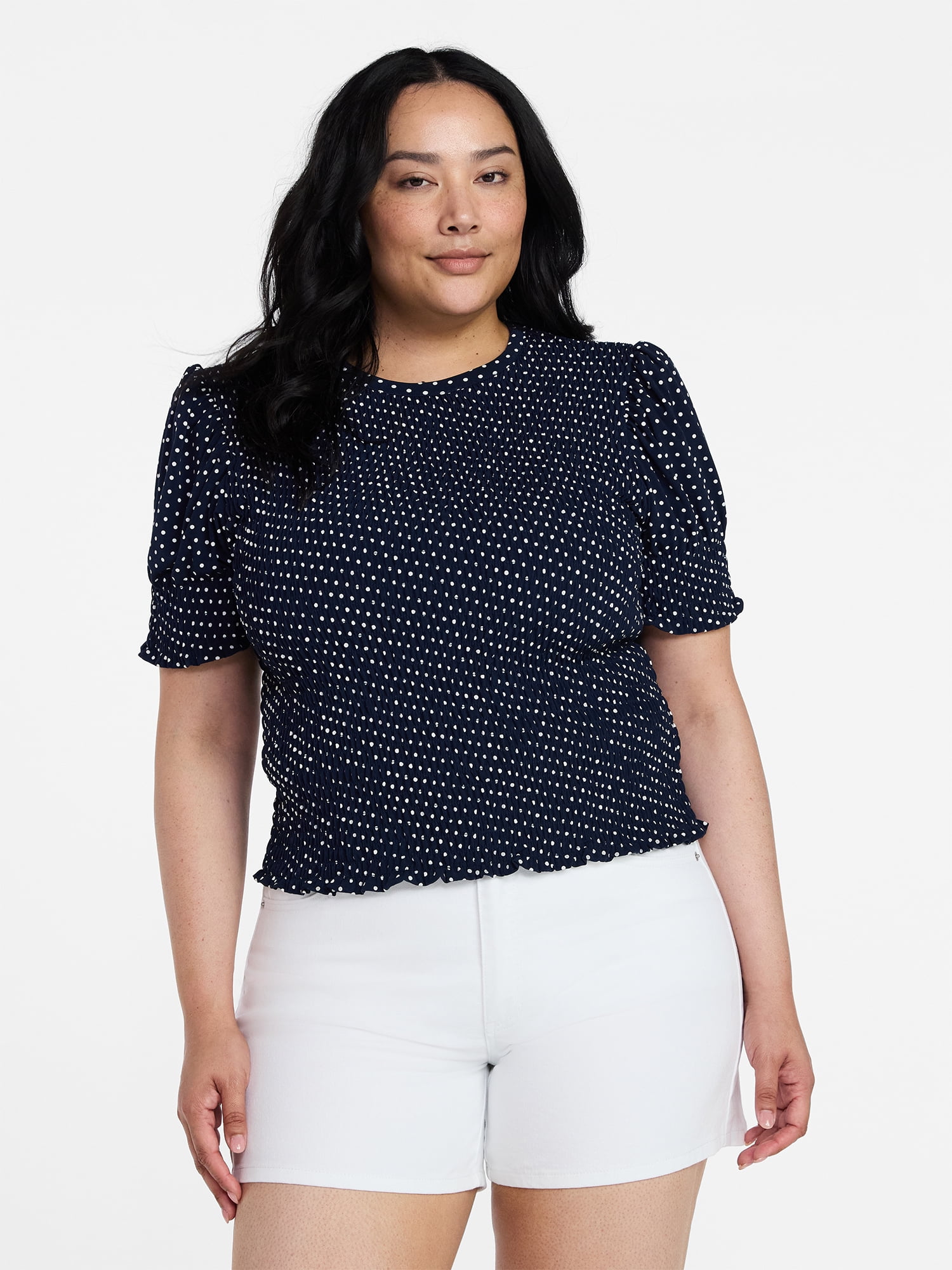 Time and Tru Women's Smocked Top with Short Puff Sleeves, Sizes XS-XXXL