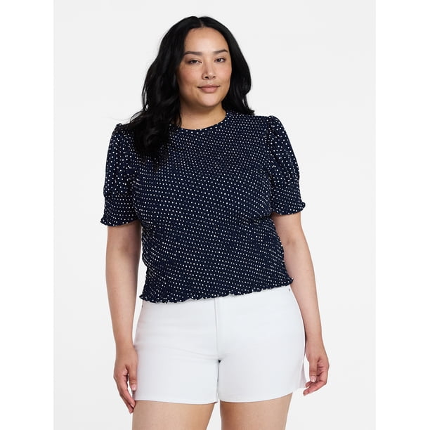 Time and Tru Women's Smocked Top with Short Puff Sleeves, Sizes XS