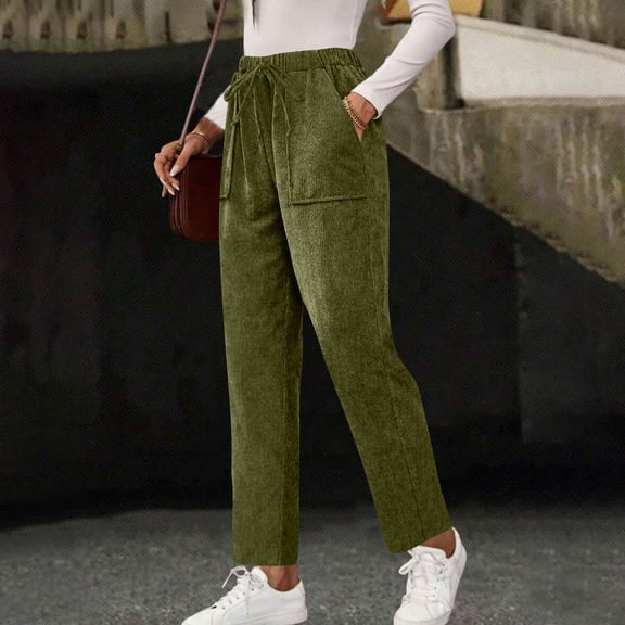 Straight Leg Corduroy Pants Women Comfy Elastic Waist Pants with Pockets Work Trousers Pant Casual Joggers Army Green M