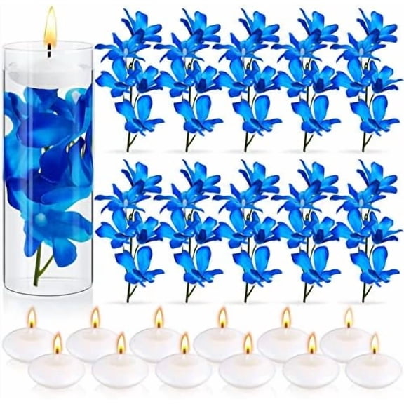 28 Pieces Floating Flowers for Centerpieces Blue Orchid Flowers Vase Fillers Unscented Floating Candles for Wedding Table Party Home Decoration