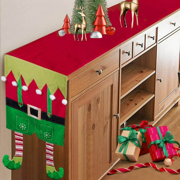 Christmas Elf Table Runner with Plush Candy Stripe Legs for Indoor/Outdoor Xmas Dining Decoration, Soft Santa Elves Dinner Tablecloth Cover Décor for Themed Holiday Home Kitchen 71inch