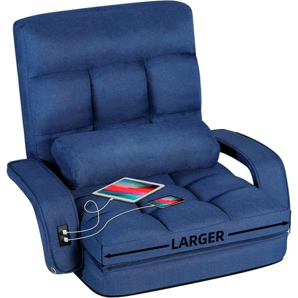 STHOUYN Comfy Floor Chair Bedroom 2 USB Charging Ports, 5-Position Floor Couch Gaming Chairs Adults, Lounge Chair Indoor Folding Floor Lazy Sofa Meditation Arm Dorm Chair Living Room (Navy Blue)
