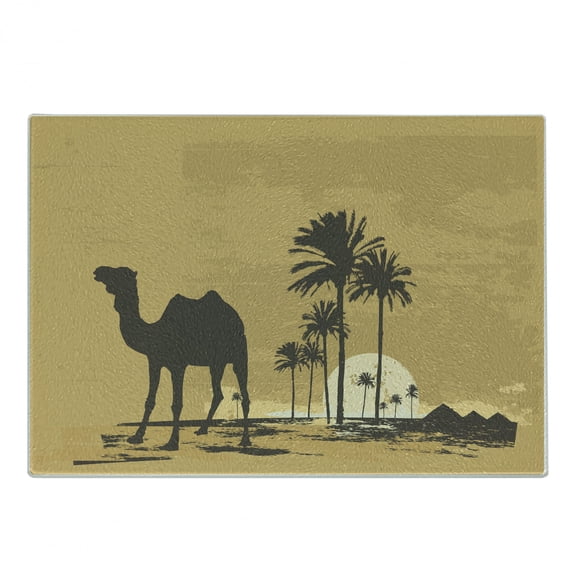Dune Cutting Board, Desert Landscape Image with a Camel and Palm Trees Sunset Grunge Style, Decorative Tempered Glass Cutting and Serving Board, in 3 Sizes, by Ambesonne