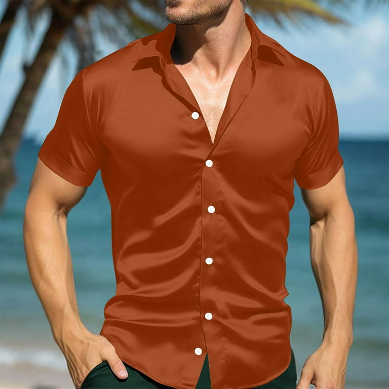 RYRJJ Mens Silk Button Down Shirt Short Sleeve Collared Satin Dress Shirts  Summer Party Wedding Prom Shirt(Brown,S) - Walmart.com